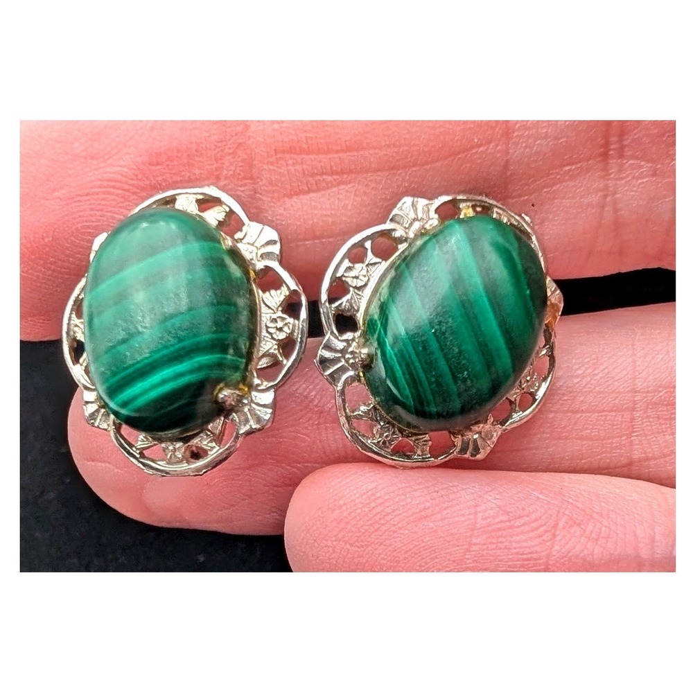 Vintage Malachite Screw Back Earrings Silver Tone Filigree Green Oval Cabochon